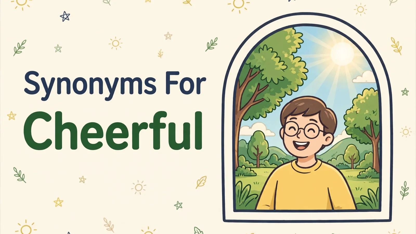 Illustration card with the words Synonyms For and Cheerful beside a smiling person in a sunny park