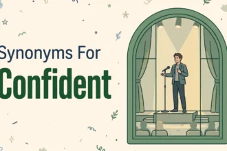 Illustration card with the words Synonyms For and Confident beside a person standing tall and speaking on a stage