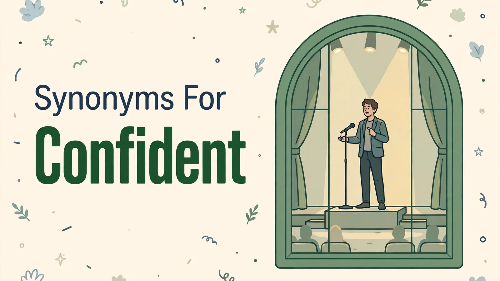 Illustration card with the words Synonyms For and Confident beside a person standing tall and speaking on a stage