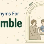 Illustration card with the words Synonyms For and Humble beside a modest person listening with care to others in an arched window scene