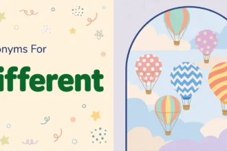 Synonyms for different illustration card, colorful hot-air balloons of different shapes in the sky