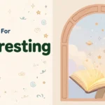 Synonyms for interesting illustration card, curious child reading a glowing book with stars rising from the pages