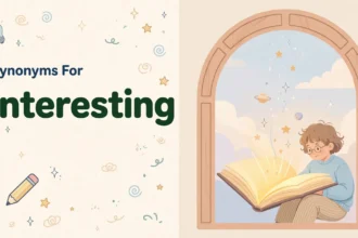 Synonyms for interesting illustration card, curious child reading a glowing book with stars rising from the pages