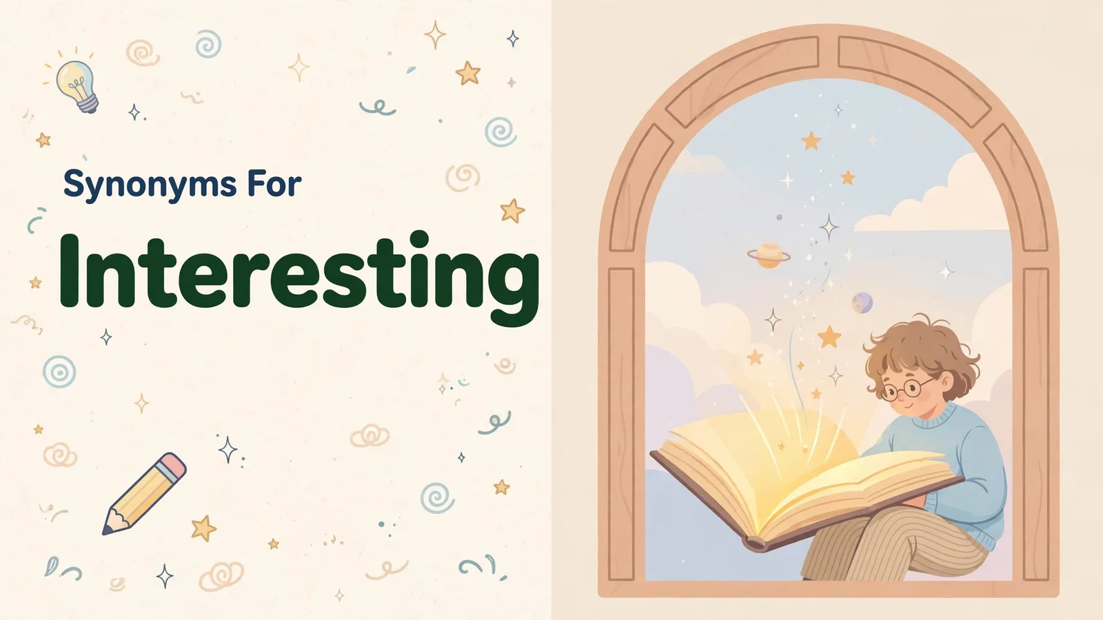 Synonyms for interesting illustration card, curious child reading a glowing book with stars rising from the pages
