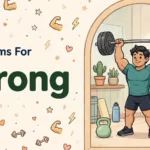 Synonyms for strong illustration card, weightlifter lifting a heavy barbell in a gym