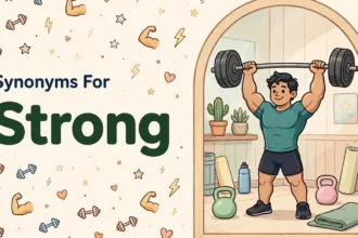 Synonyms for strong illustration card, weightlifter lifting a heavy barbell in a gym