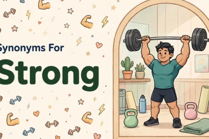 Synonyms for strong illustration card, weightlifter lifting a heavy barbell in a gym