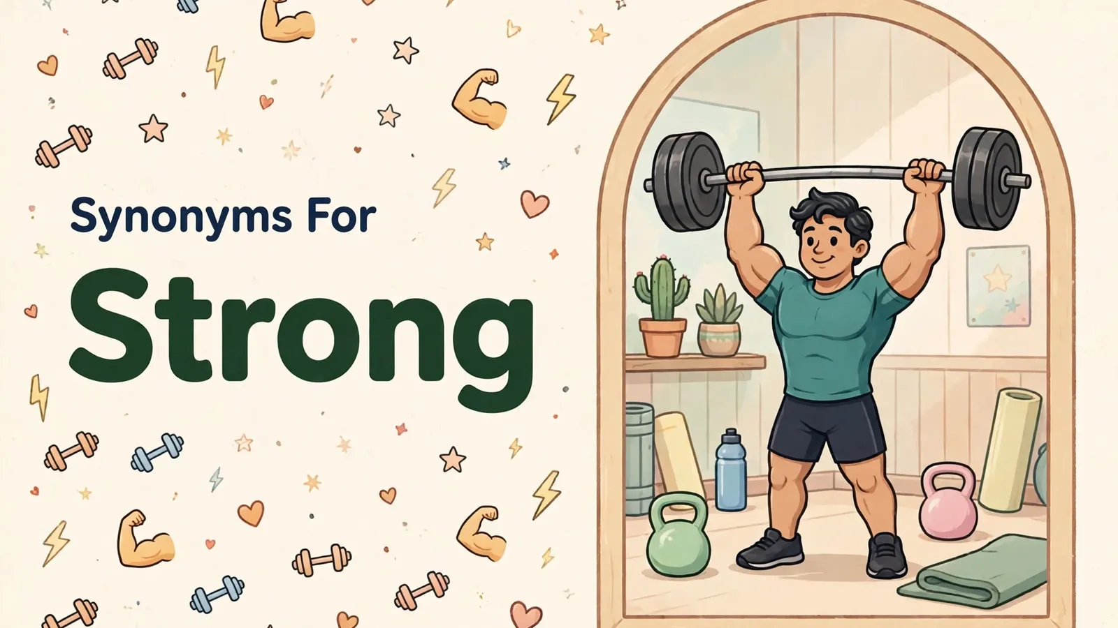 Synonyms for strong illustration card, weightlifter lifting a heavy barbell in a gym